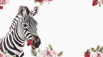 Obraz premium A zebra facing a white background, adorned with pink flowers near its nose, and pink roses only