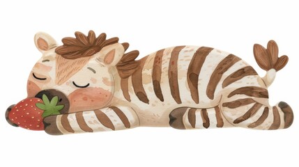 Naklejka premium A toy zebra lies on its side, holding a strawberry in its mouth, with closed eyes