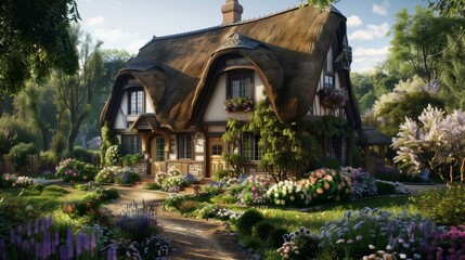 Obraz premium Quaint English Cottage with Thatched Roof, Flower Garden, Set in a Charming Village