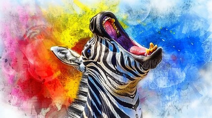   A zebra with its mouth agape and tongue extended against a multicolored backdrop