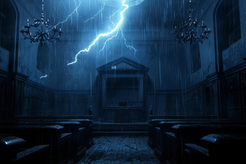 Divine Judgement in Stormy Courtroom Illustration. - obrazy, fototapety, plakaty