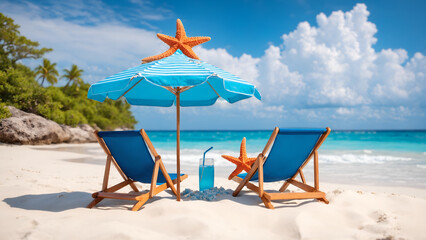 Sandy beach with umbrella and chair. Tropical holiday.