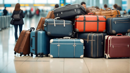 Pile of luggage at airport. Stacked suitcases in aerodrome baggage area.