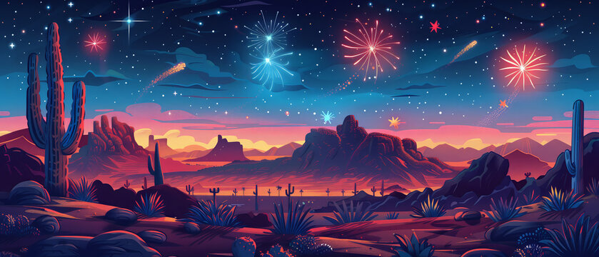 A desert landscape with fireworks lighting up the sky for a Cinco de Mayo celebration