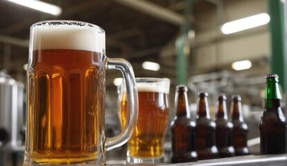 Beverage factory, Conveyor belt with beer bottles