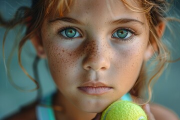 Close-up portrait of a young girl holding a tennis ball, freckles and green eyes - obrazy, fototapety, plakaty