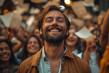 Handsome jovial man smiling widely among a cheerful group of people - obrazy, fototapety, plakaty