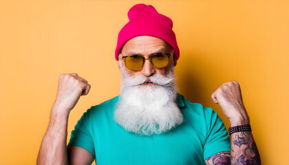 Trendy hipster senior with white beard, sunglasses and pink beanie. Energetic muscular flexing pose. Colorful fashion style wallpaper.