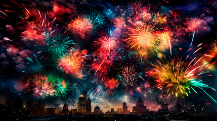 Multi colored bright fireworks in the dark night sky over the city.