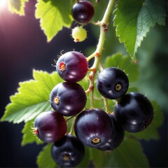 Black currant grows on bush in garden. Nature, organic food and gardening