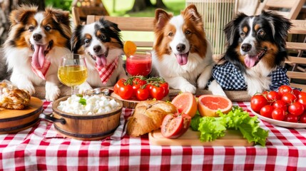   Three dogs seated together at a table, food and drinks atop