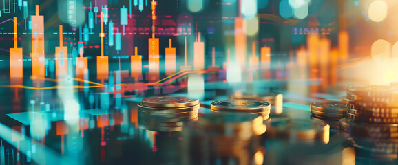 Obraz premium Saving bank for business finance concept, coin and rows growth, Stock market or forex trading graph and candlestick chart suitable for financial investment money, currency exchange background