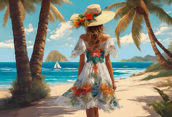 Woman in summer dress walking on sandy tropical beach. Paradise scene