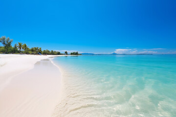 Tropical paradise beach with white sand and coco palms. Travel tourism wide panorama background concept