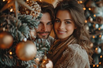 Charming young couple enjoying a romantic moment by an illuminated Christmas tree, conveying holiday love