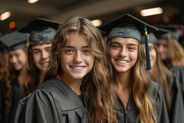 Fototapeta premium A group of young female students wearing graduation caps and gowns, with one in focus smiling at the camera