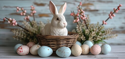 Serene White Bunny Next to a Wicker Basket of Speckled Easter Eggs and Blossoms