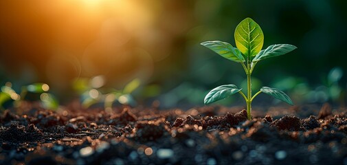 New Beginnings with a Young Plant Sprouting on Fertile Soil at Sunrise