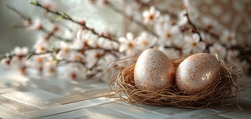 Speckled Easter Eggs Nestled Among Spring Blossoms