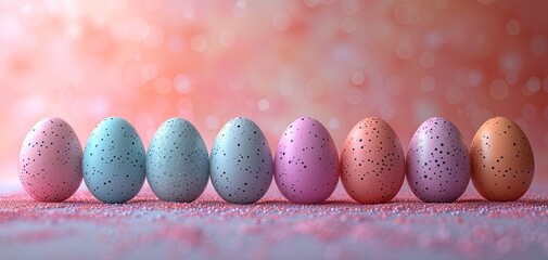 Row of Pastel Speckled Easter Eggs on Shimmering Surface