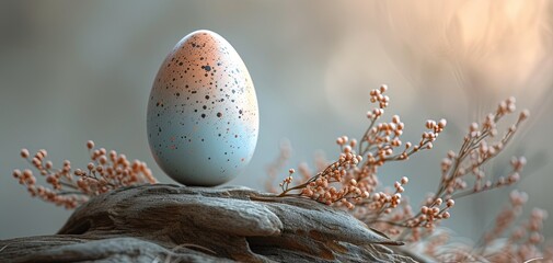 Serene Easter Egg on a Driftwood Nest Amid Blossoming Twigs