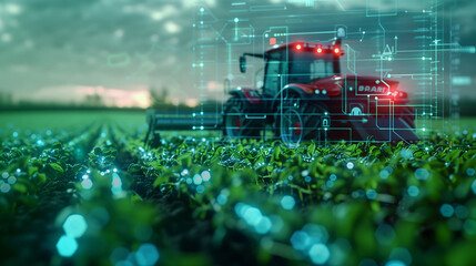 Digitized eco friendly and sustainable harvesting concept, using AI artificial intelligence to sow crops & futuristic data analysis icons to enhance efficiency in agriculture.