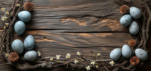 Rustic Easter Eggs on Wooden Background with Pine Cones and Blossoms