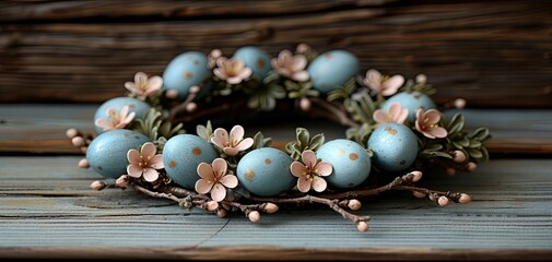 Tranquil Easter Wreath with Sky Blue Speckled Eggs and Spring Blossoms on Rustic Wooden Background