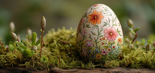 Hand-Painted Floral Easter Egg Nestled in Verdant Moss