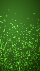 Falling snowflakes christmas background. Subtle flying snow flakes and stars on christmas green background. Beautifully falling snowflakes overlay. Vertical vector illustration.