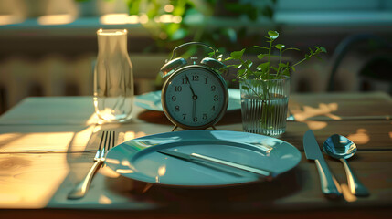 The concept of intermittent fasting, lunchtime, diet, and weight loss is represented by the alarm clock and the plate with the cutlery.