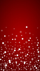 Falling snowflakes christmas background. Subtle flying snow flakes and stars on christmas red background. Beautifully falling snowflakes overlay. Vertical vector illustration.