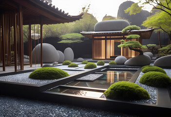 Serene Traditional Japanese Garden with Bonsai and Raked Gravel Aesthetics