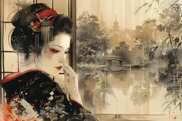 Elegant geisha artwork with traditional japanese background