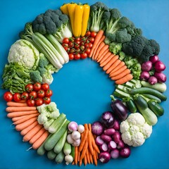 Variety of vegetables are arranged to form circle.