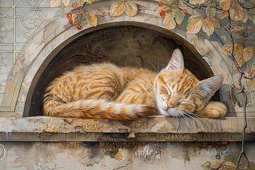Illustration of a serene napping cat on ornate ledge