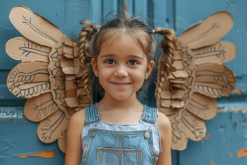 A girl with playful braids stands in front of a blue wall with cardboard wings strapped to her back