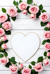 Pink rose flowers and heart with space for text