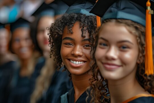 Diverse group of graduates, with a focus on a smiling woman in the foreground
