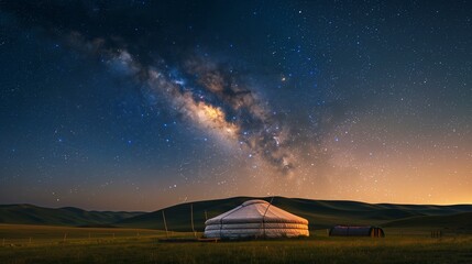 Traditional Mongolian Yurt Among Rolling Hills, Starry Sky, Authentic Nomadic Lifestyle