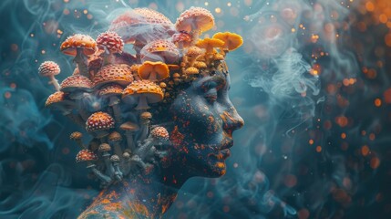Conceptual Image of Person with Semi-Transparent Head Revealing Amanita Mushrooms