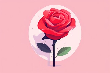 A red rose is in full bloom against a pink background.