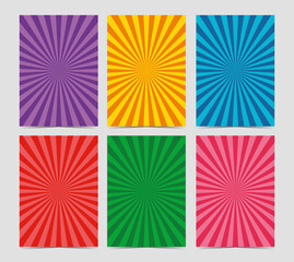 Set of 6 inspired vertical posters, different colors sunburst. Purple, yellow, blue, red, green, pink paper backgrounds for collages. Circus Background Templates