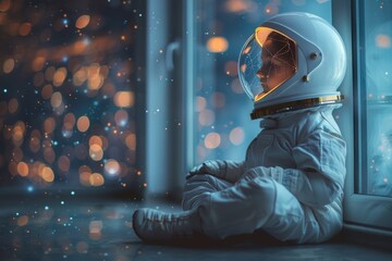 Obraz premium Dreamy image of a child in an astronaut suit, gazing out a window into a starry night sky