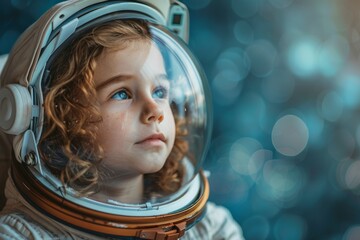 A curly-haired child in a space helmet looks away with an expression full of dreams and wonder - obrazy, fototapety, plakaty