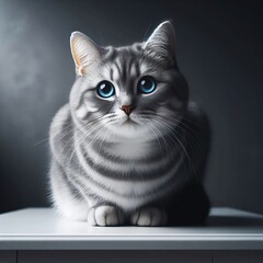  A gray cat with blue eyes is sitting on a white table. The cat is looking at the camera with a curious expression.