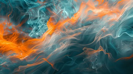 Aquatic fire wave synthesis, artfully blending fluid aqua tones with fiery orange waveforms, suggesting a surreal fusion of water and flame in motion