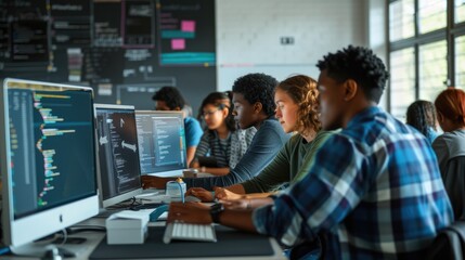 A group of people sitting at desks in a computer lab, using personal computers with computer monitors as display devices. AIG41