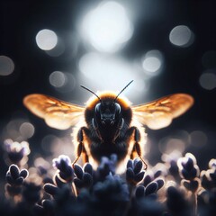  A bee on a lavender flower, with a blurred background. - obrazy, fototapety, plakaty