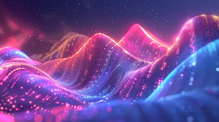 A vibrant digital waves of neon lights in a spectrum of pink, blue, and purple hues creating a dynamic and flowing digital landscape